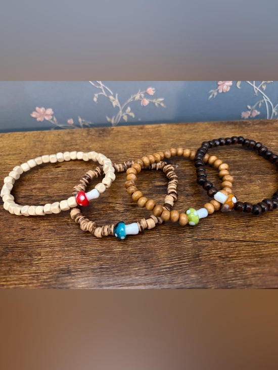 Jewelry - Boho Wooden Bead Stretch Bracelets with Colorful Mushroom Accent